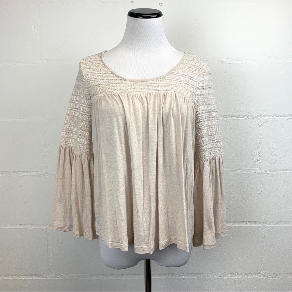 Free people embroidered ruched bell sleeve top